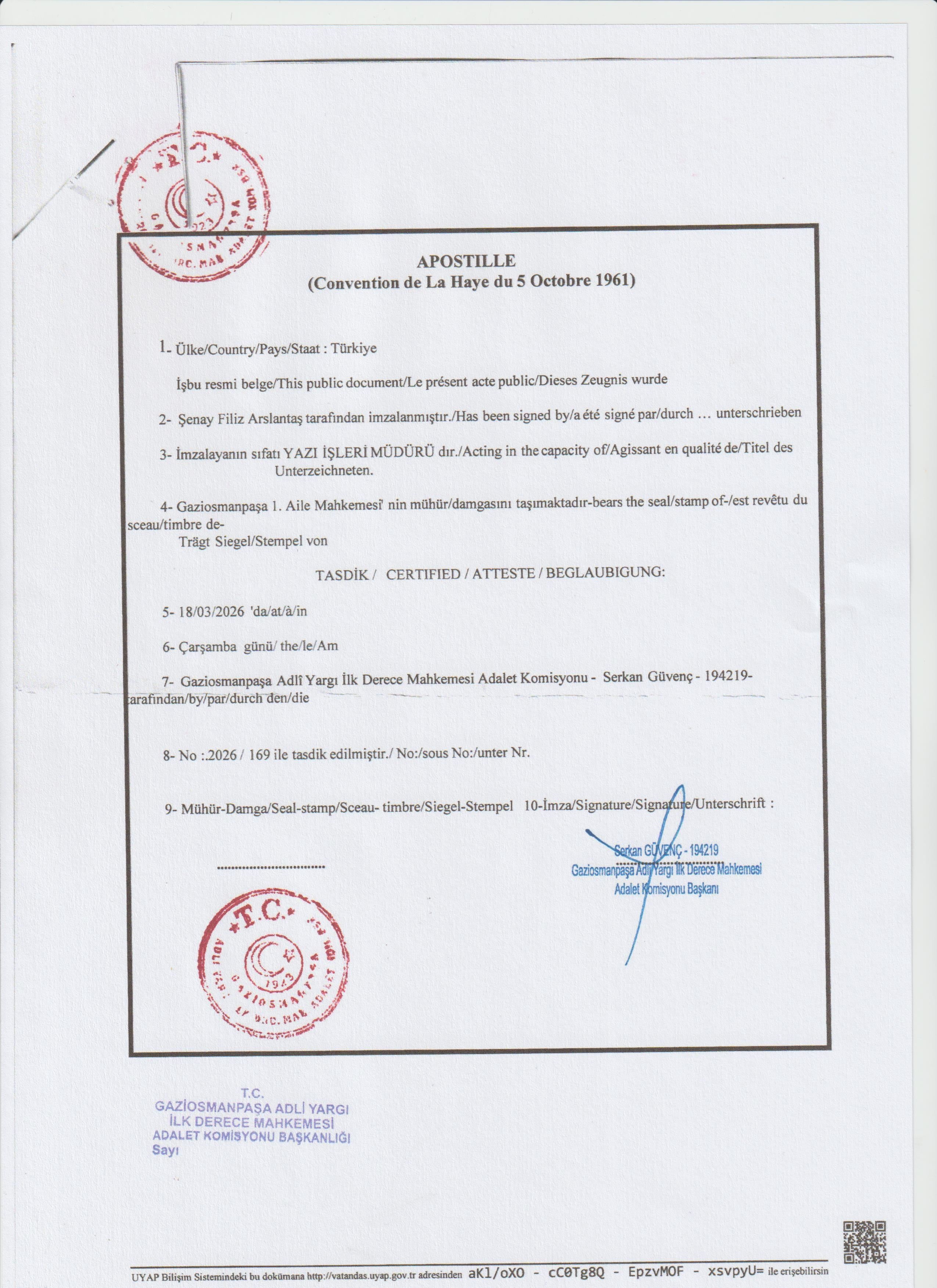 Apostille auf einem Gerichtsbeschluss in der Türkei