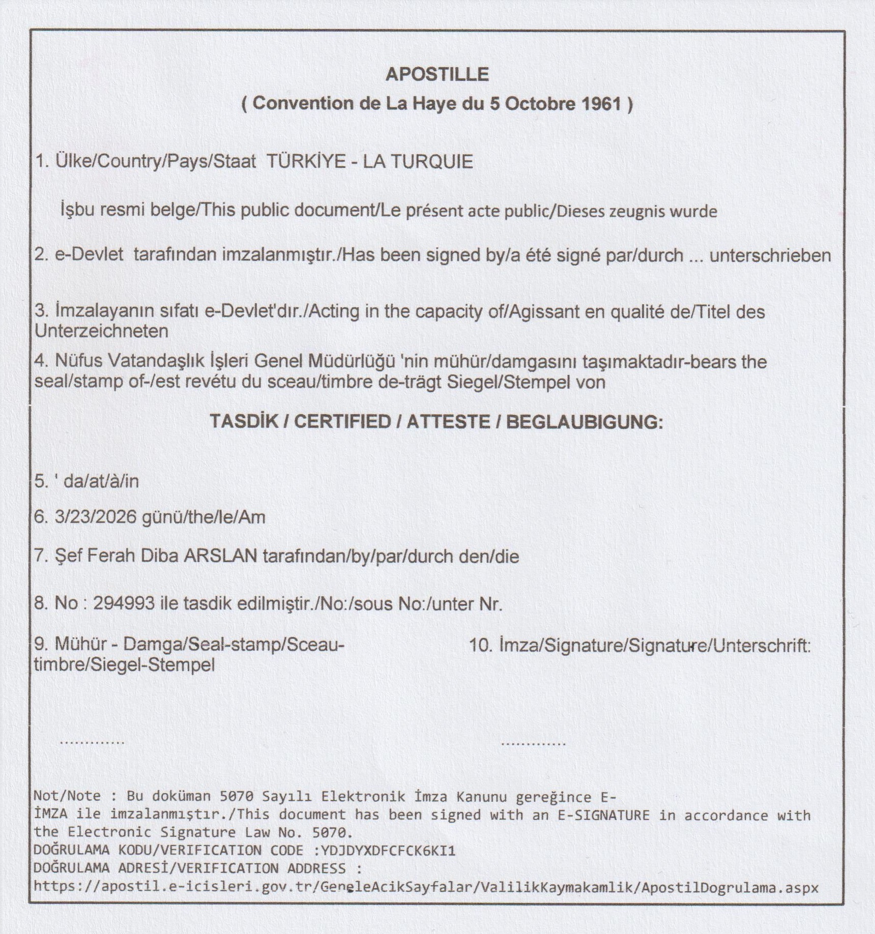 E-Devlet-Dokumente und Apostille