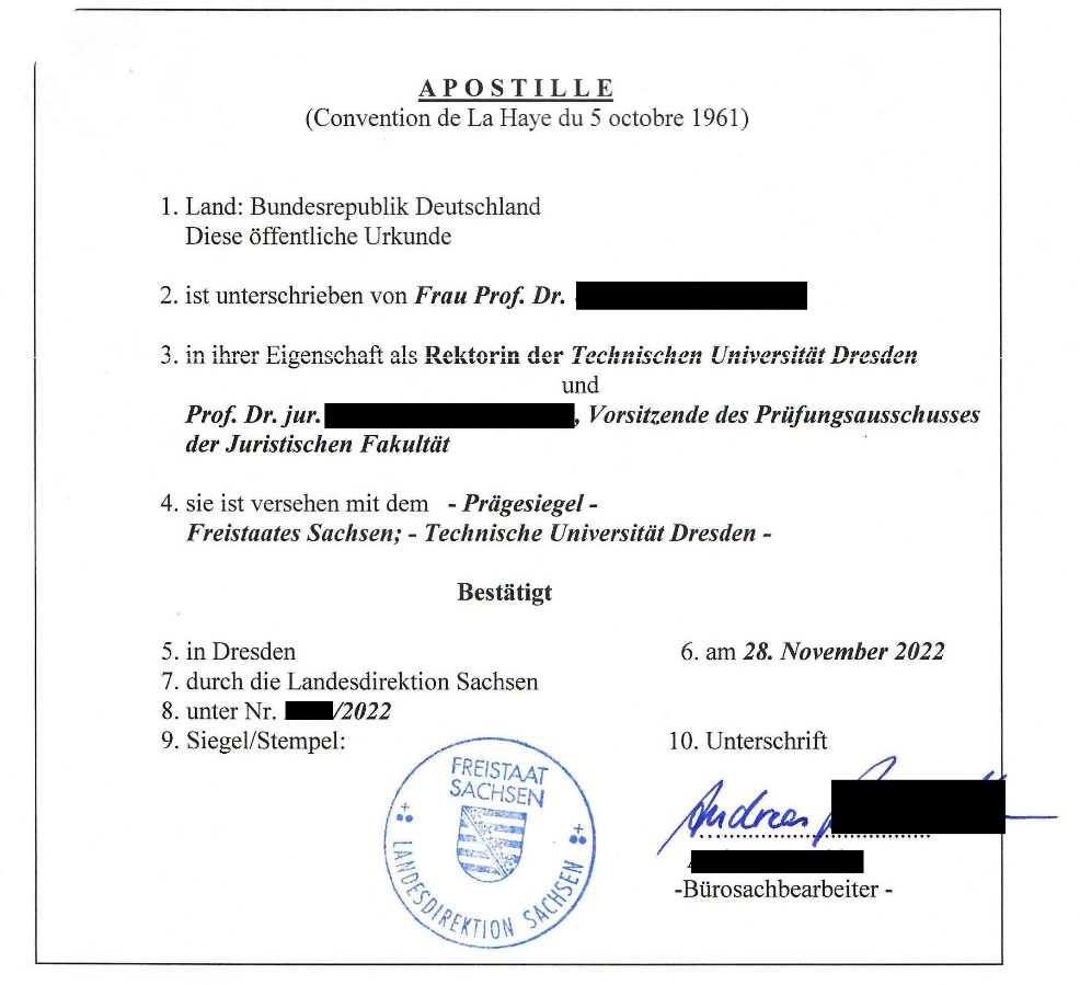 Muster einer Apostille auf einem Hochschulabschluss in Deutschland