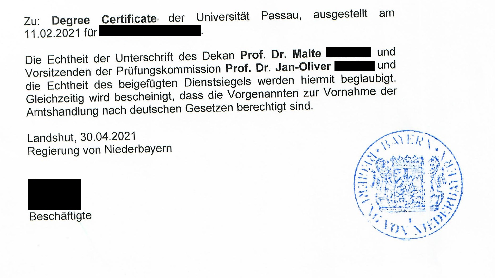 Vorbeglaubigung eines Hochschulabschlusses in Deutschland