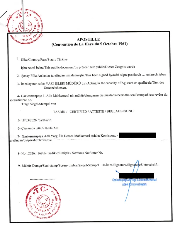 Apostille auf einem türkischen Gerichtsurteil