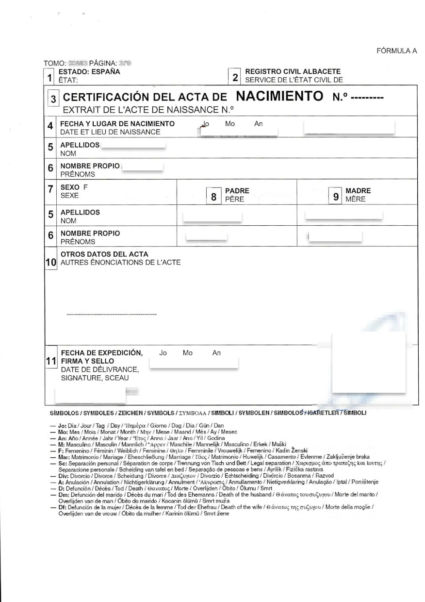 Muster einer spanischen Geburtsurkunde (Certificado de nacimiento)