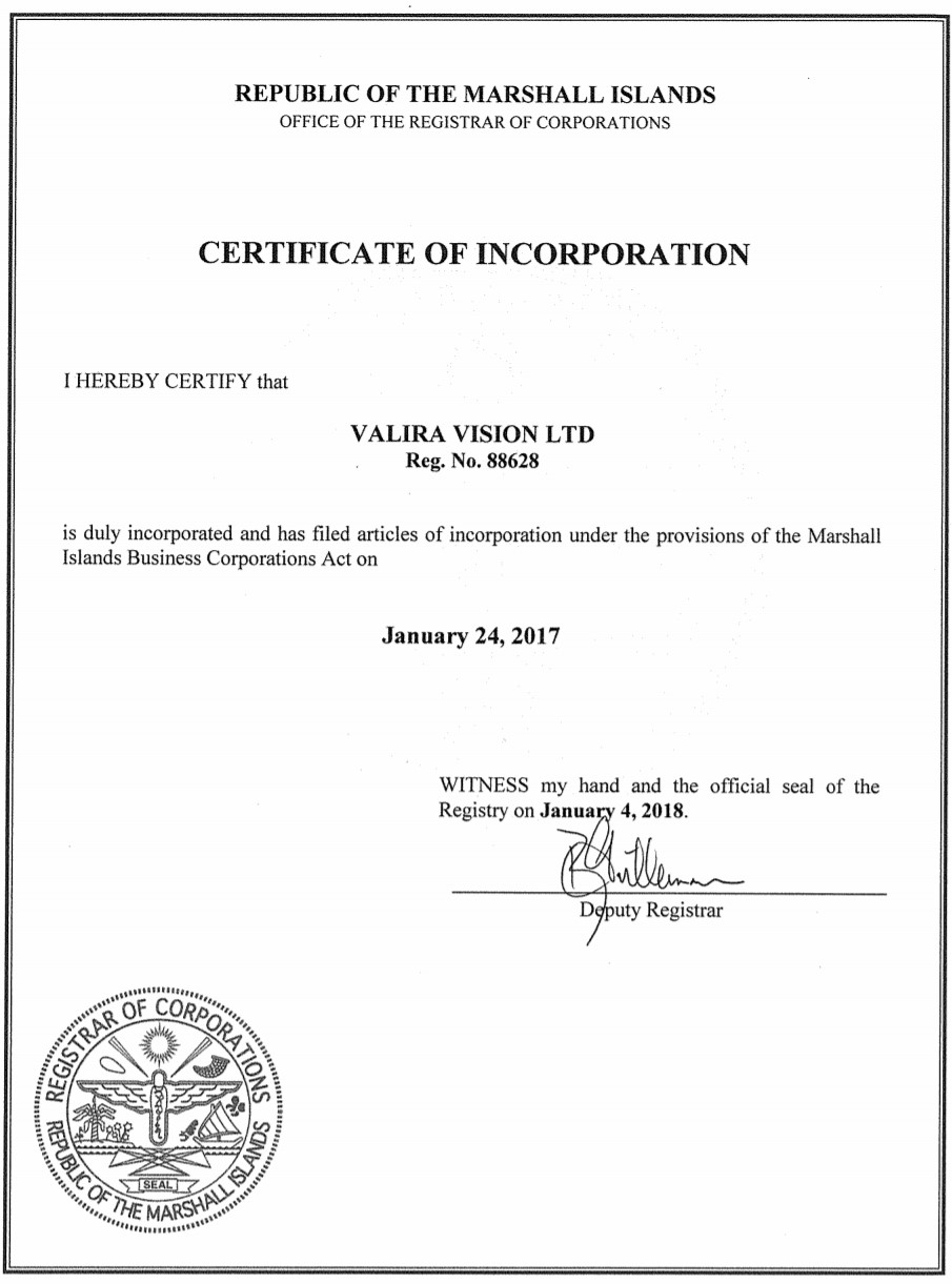 Certificate of Incorporation из реестра Маршалловых отровов