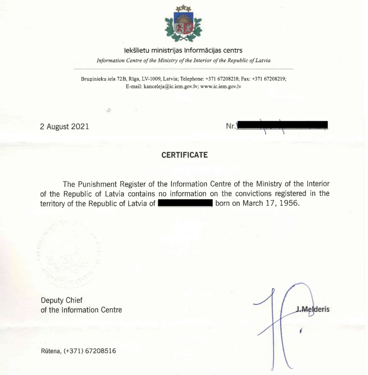 Muster eines Führungszeugnisses aus Lettland
