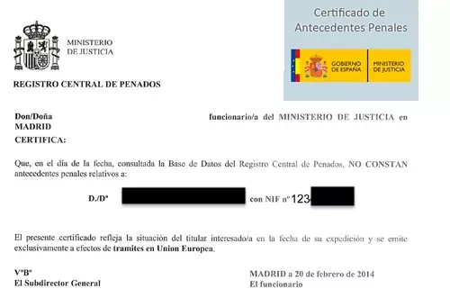 Muster eines Führungszeugnisses aus Spanien