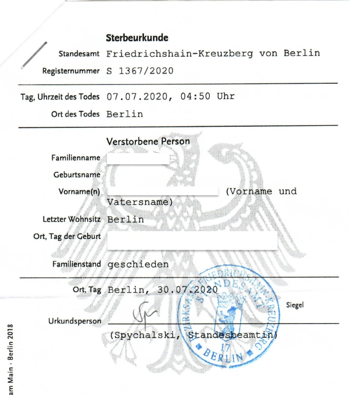 Muster einer deutschen Sterbeurkunde