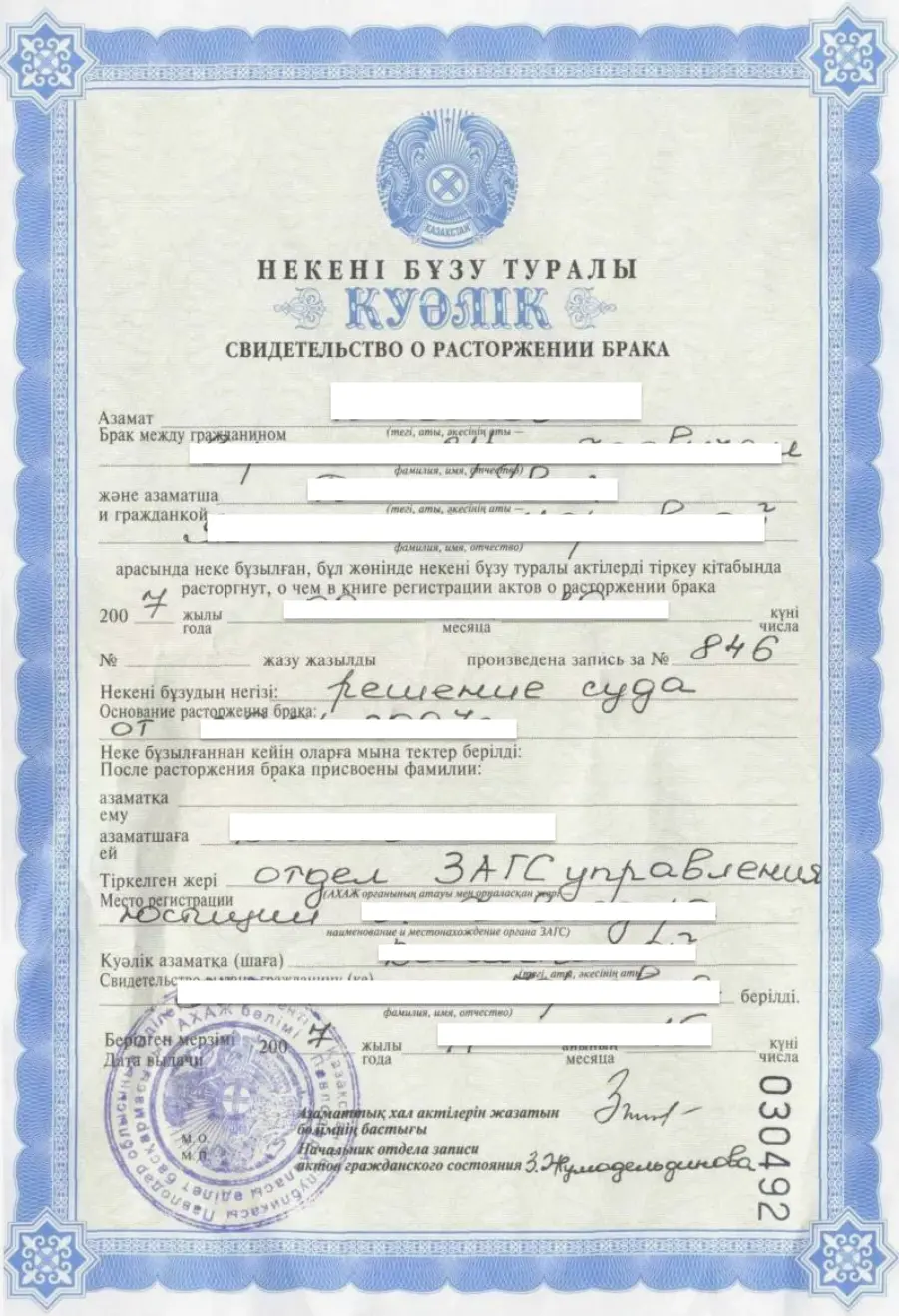 Scheidungsurkunde aus Kasachstan