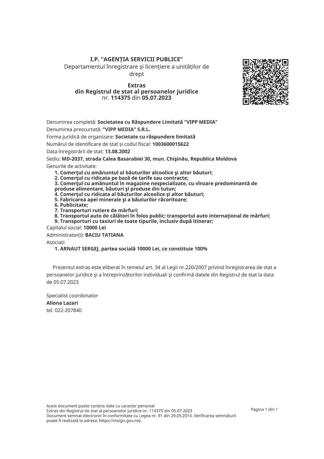 Handelsregisterauszug aus Moldau