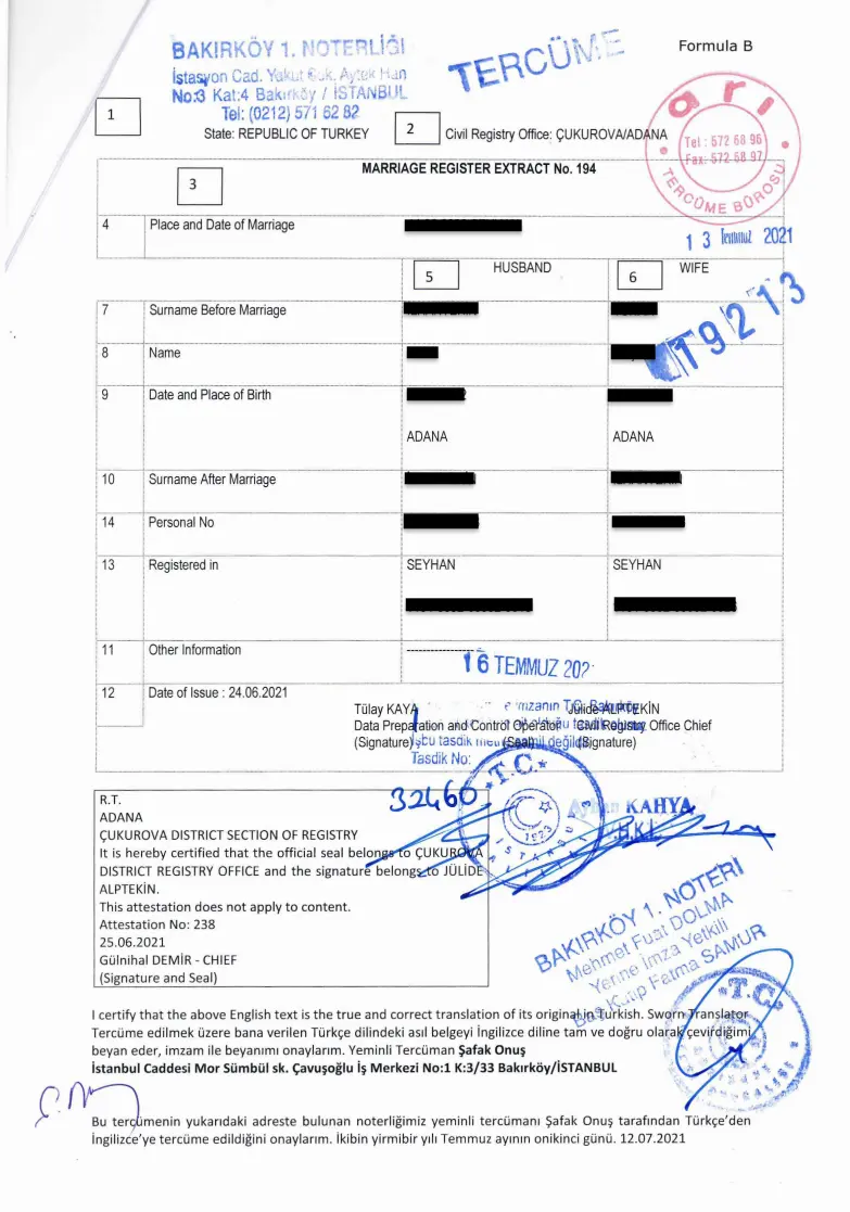 Heiratsurkunde aus der Türkei