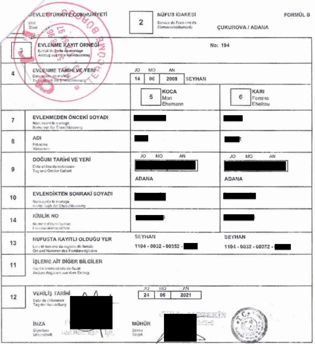 Heiratsurkunde aus der Türkei