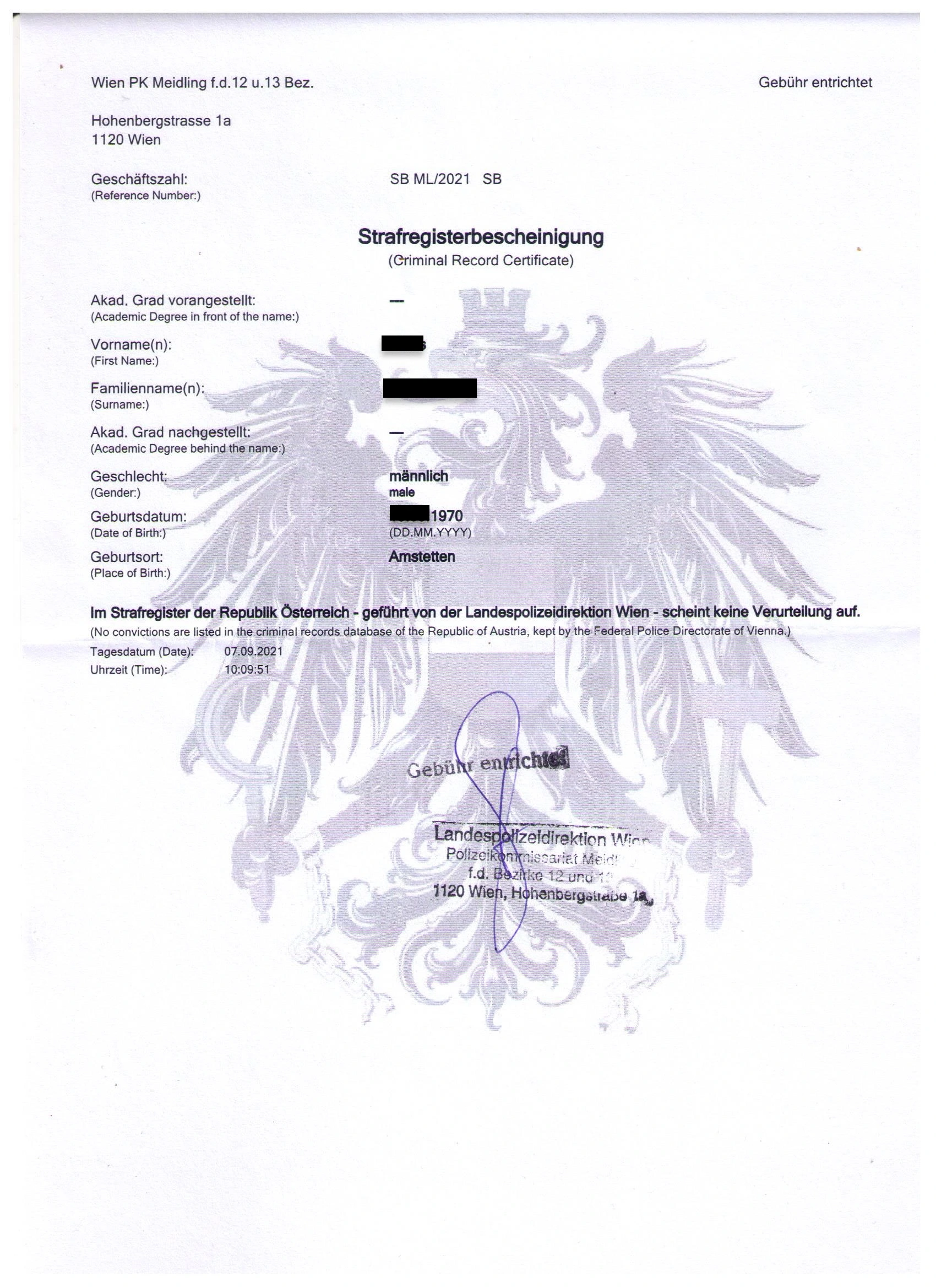 Strafregisterbescheinigung aus Österreich
