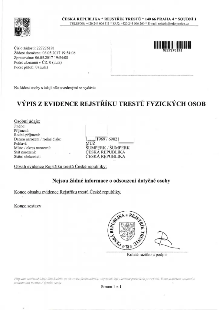 Führungszeugnis in Tschechien