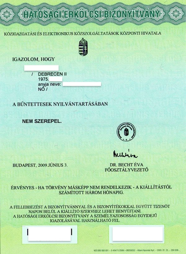 Ungarisches Führungszeugnis (Hatósági erkölcsi bizonyítvány)