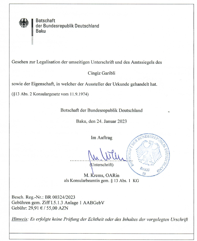 Konsularische Legalisation der Dokumente aus Aserbaidschan zur Verwendung in Deutschland