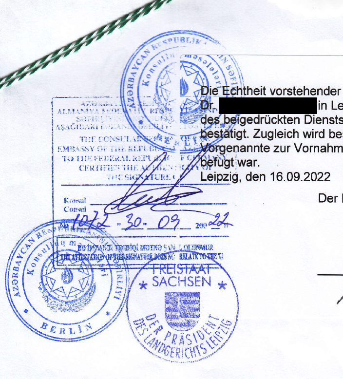 Konsularische Legalisation der Dokumente aus Deutschland zur Verwendung in Aserbaidschan