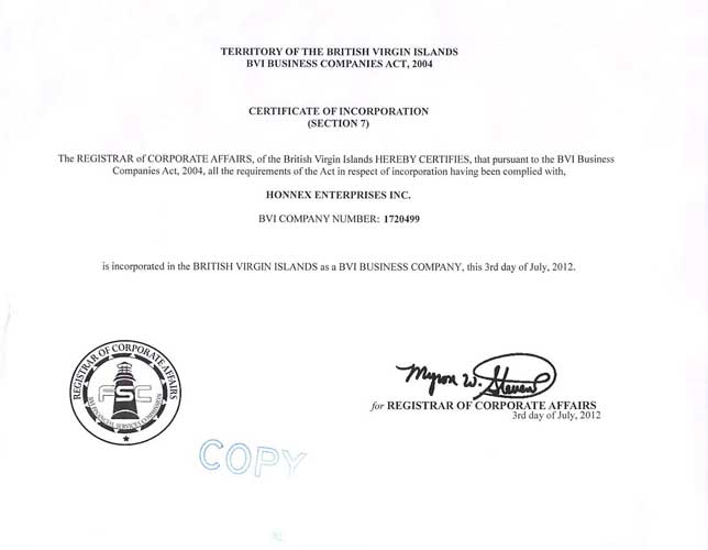 Certificate of Incorporation aus dem Handelsregister von BVI