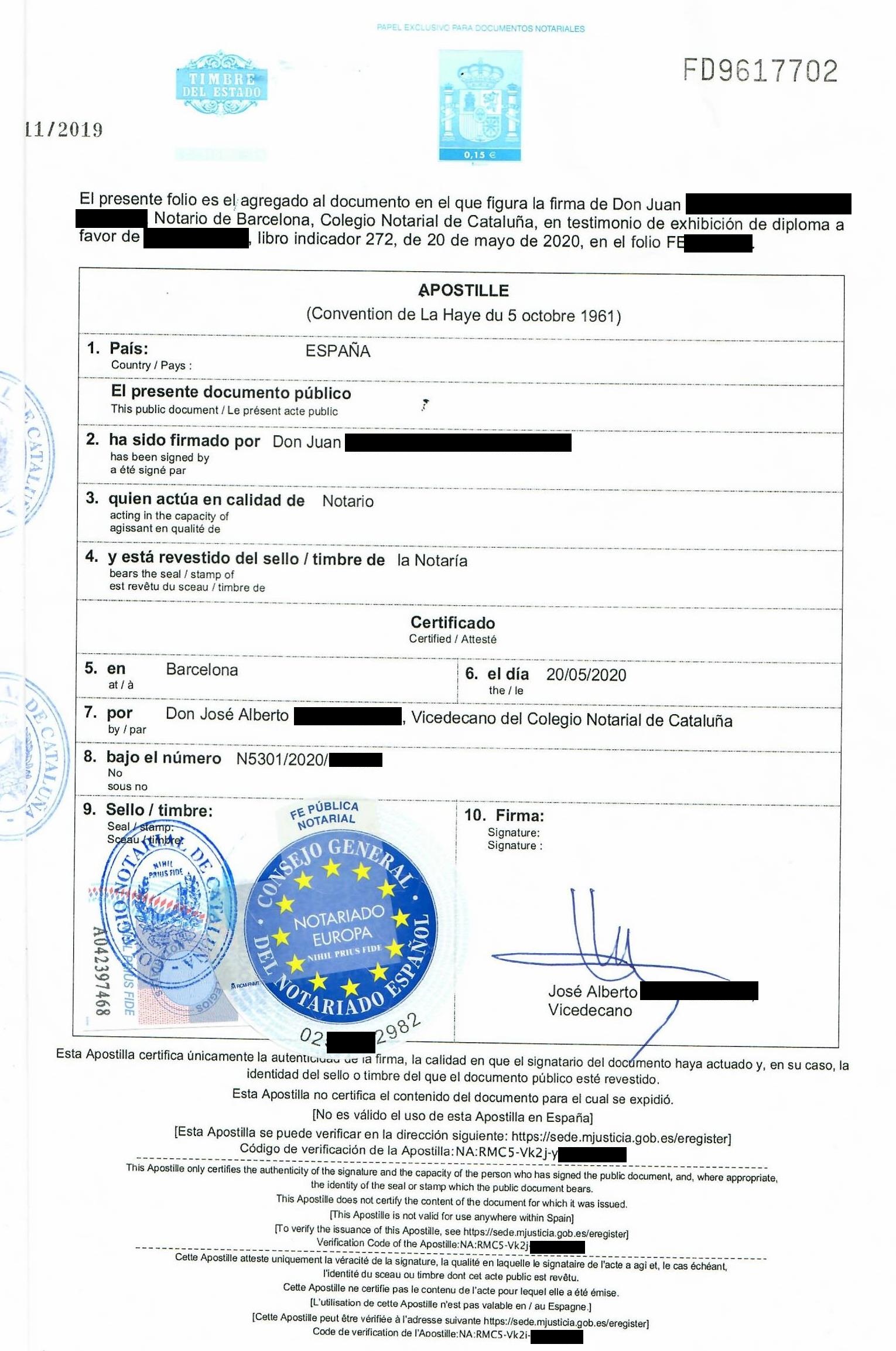 Beispiel einer Apostille für ein Diplom in Spanien